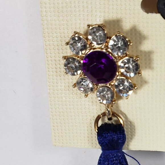 Gold-tone Clear and Purple Crystal Drop Dangle Blue Tassel Earrings - Picture 4 of 9